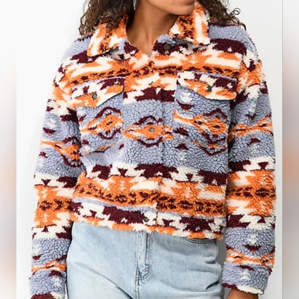 Forever 21 aztec Teddy Jacket med cropped sherpa fleece cream orange burgundy